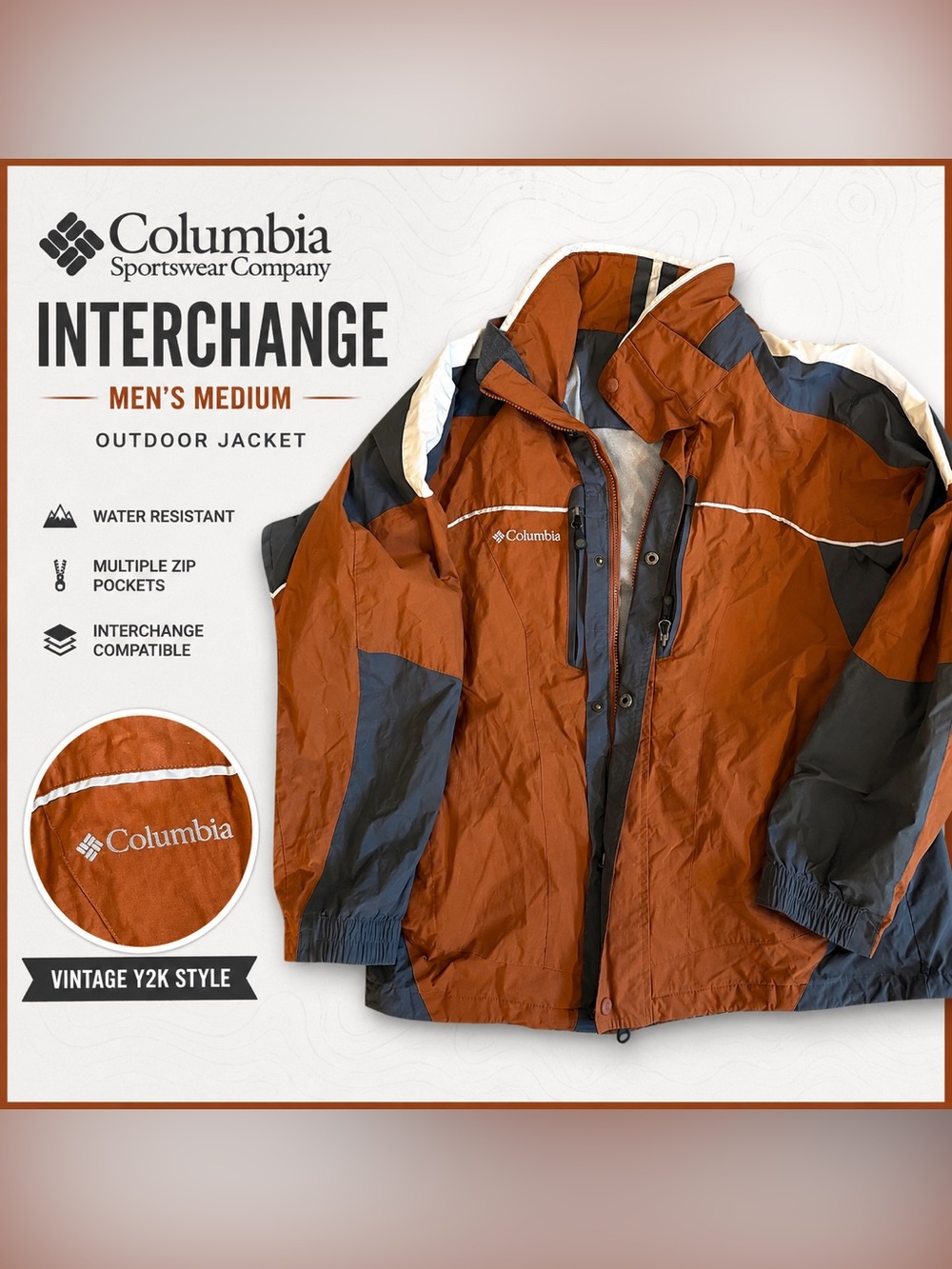 Columbia Interchange Men’s M Orange Gray Colorblock Ski Jacket Shell Y2K